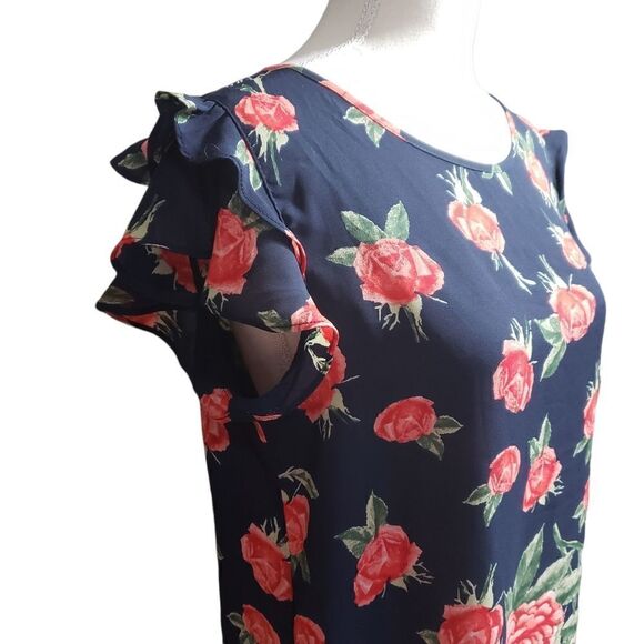 OLM Navy Res Roses Print Sheer Double Layer Ruffle Sleeves Sz M - Picture 5 of 12